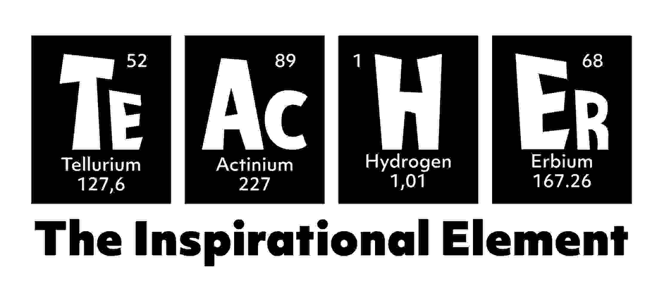 the letters that spell teacher, broken into four elements on the periodic table and a subhed that reads the inspirational element